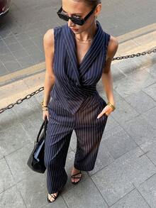 Siren Gaze Women's Navy Blue Striped 2-Piece Set, Casual Daily Wear, Summer Outfit, Business Casual, Teacher Attire, Office Wear, Women's 2-Piece Set With Sleeveless V-Neck Tie Blouse And Pants, Striped Women's 2-Piece Set,Navy Blue Set, Elegant 2-Piece Set,Summer Sets - Navy Blue - View 3