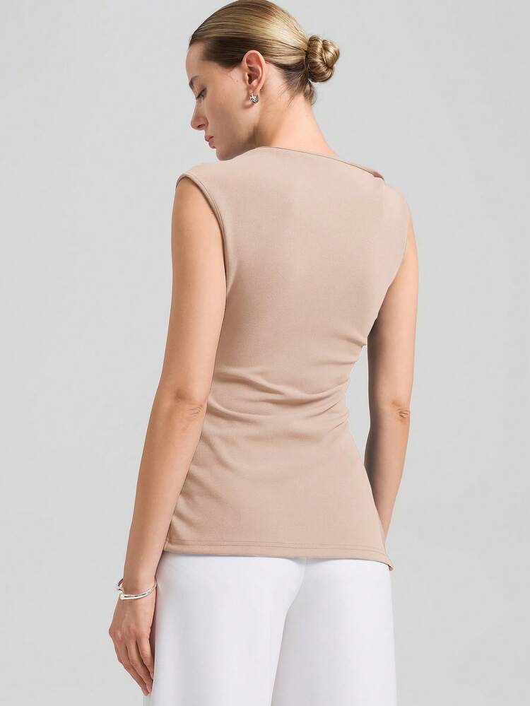2026 New Women's Twist Shoulder Elegant T-Shirt,Side Ruched Slit Waist Apricot Basic Top,Summer Summmer Office Business Casual Brunch Vacation Top