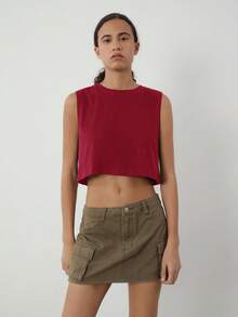 SHEIN BASICS 女士纯色圆领休闲宽松露脐背心 - 酒紅色 - 查看 6