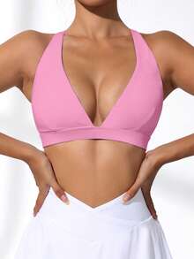 Easithlete Áo ngực thể thao nữ gợi cảm, tối giản, màu trơn, cổ chữ V sâu, hở lưng, thích hợp mặc hàng ngày đi làm. - Hồng - Xem 3