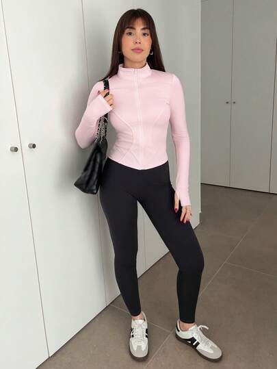 Hitanina Women's Solid Color Elastic Mock Neck Fitted Long Sleeve Jacket, Casual Sports, Spring/Autumn