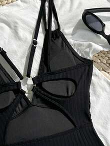 Swim Basics 新款黑色提花针织露背连体衣（女士款） - 黑色 - 查看 5