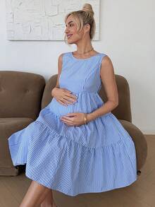 SHEIN Maternity Summer Casual Vacation Striped Print Sleeveless Tiered Hem Dress, Suitable For Daily Commute Blue And White Striped Dress Maternity Summer Dress Pregnant Outfits Summer Summer Casual Dress Nursing Dress Tie Back Dress Tiered Mini Dress Vacation Dress - Blue and White - View 5