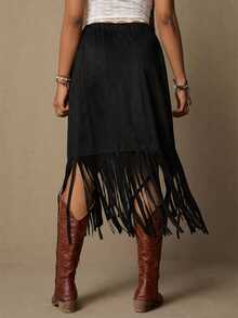 Freevana Plus Size Bohemian Suede Fringe Skirt, Casual Holiday Style - Black - View 2