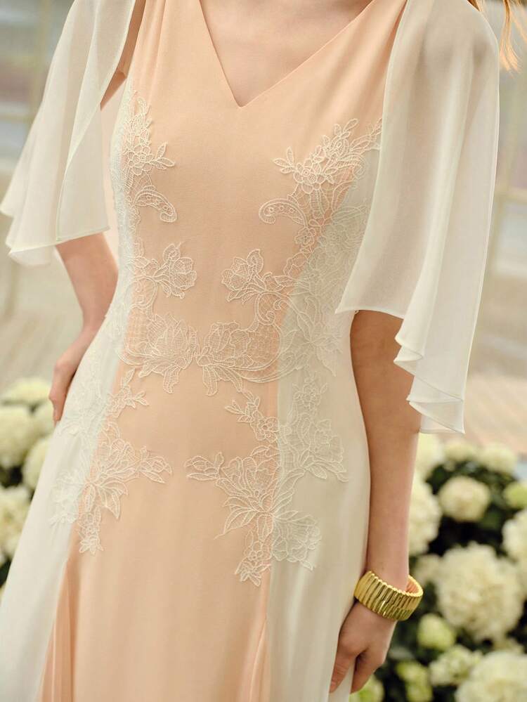 COLORBLOCK CONTRAST MESH APPLIQUE RUFFLE SLEEVE V-NECK DRESS, SPRING/SUMMER