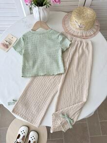 SHEIN LMoss Kids 女童法式优雅3D立体花卉圆领短袖T恤和阔腿裤套装 - 彩色 - 查看 2