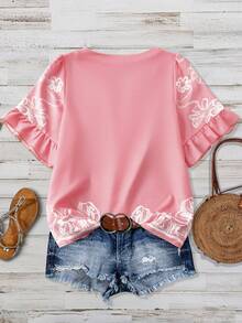 Linhara Plus Size Women's V-Neck Pink Embroidered Floral Print Split Design Puff Sleeve Ruffle Hem Vintage Casual Commute Daily Holiday Date Versatile Elegant Blouse, Spring/Summer New Women's Tops And Blouses Boho Outfit For Women Blouse For Women Casual Elegant Women's Western Outfits Blouse For Women - Multicolor - View 2