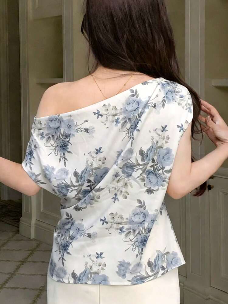 Women's Floral Print Asymmetrical Shoulder Loose Blouse Going Out Tops Women Summer Off The Shoulder Boho