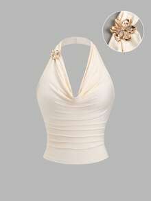 SHEIN PETITE French Design Draped Neckline Ruched Waist Retro Style Summer Cropped Tank Top For Petite Women - Apricot - View 1