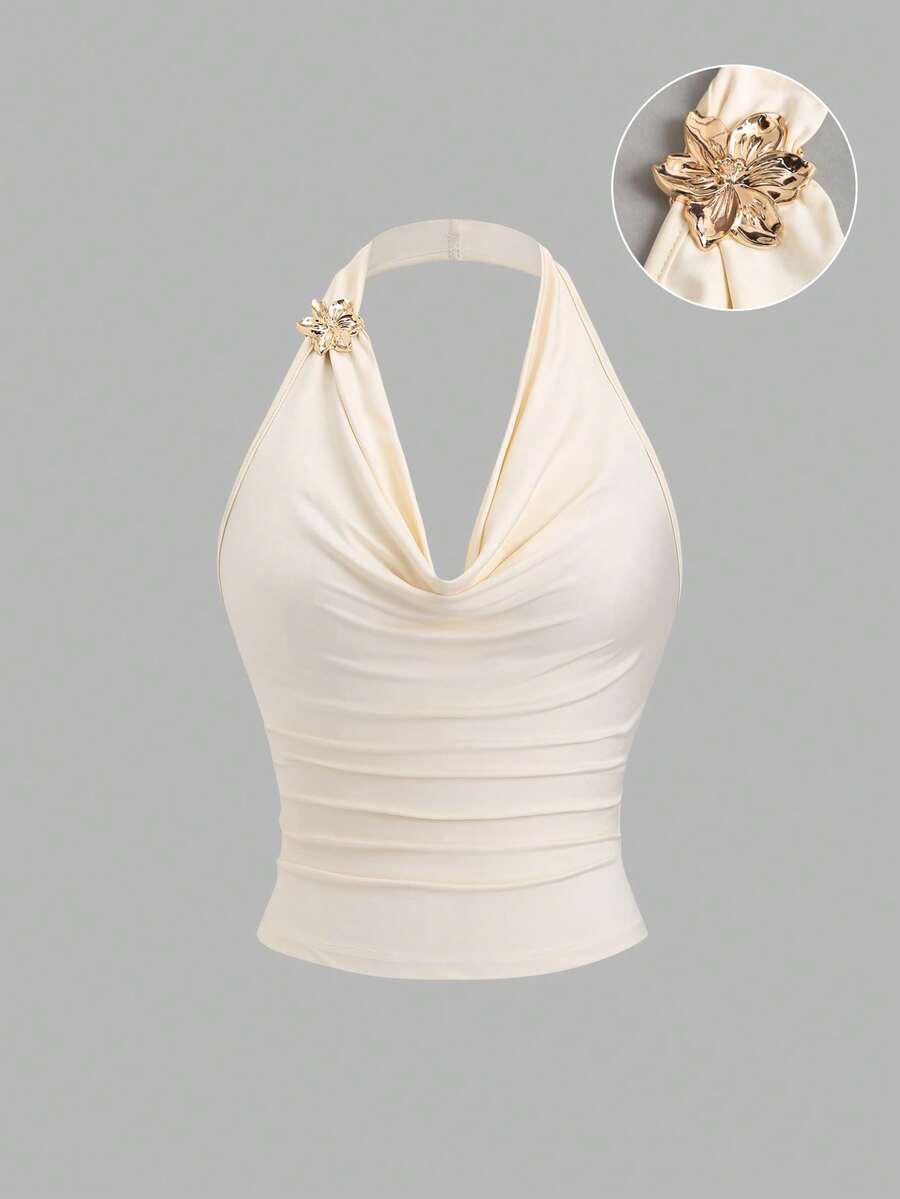 SHEIN PETITE French Design Draped Neckline Ruched Waist Retro Style Summer Cropped Tank Top For Petite Women - Apricot - View 1