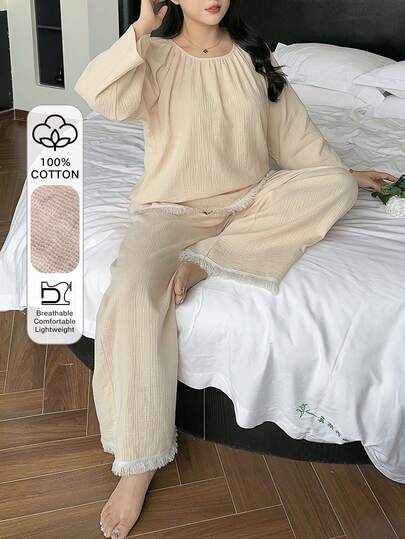 Dazy Plus 大码女式纯色圆领拼接流苏宽松上衣长裤睡衣套装，春夏款