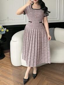 Dazy Plus Plus Size Elegant Faux Pearl Trim Short Sleeve Dress, Summer Sun Dresses For Women - Pink - View 4