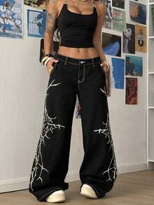 StreetHx Women's Fashion Casual Street Punk Print Wide Leg Jeans - Black - View 4