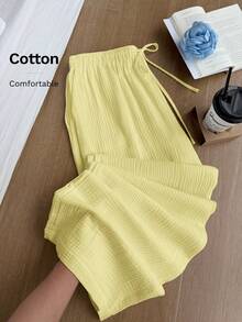 SHEIN EZwear Quần ống rộng dáng suông, màu trơn, chất liệu vải nhăn, có dây rút, thích hợp cho kỳ nghỉ hè, cỡ lớn. - Màu vàng ngỗng - Xem 6