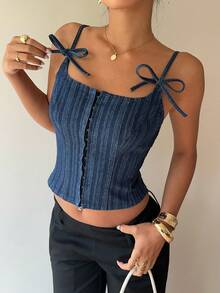 Siren Gaze Áo hai dây denim buộc dây kiểu dáng thường ngày dành cho nữ, thích hợp cho mùa hè. - Rửa trung bình - Xem 3