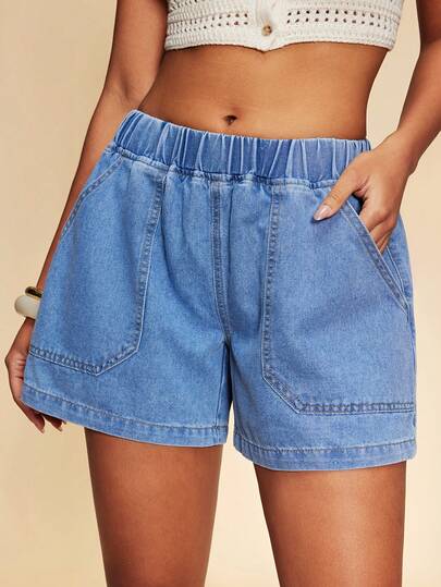 Travachic 女士休闲弹力腰牛仔短裤，夏季