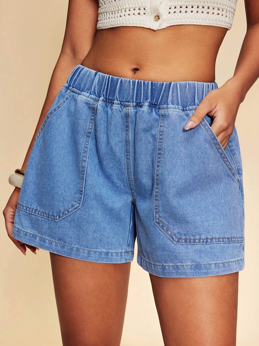 Travachic 女士休闲弹力腰牛仔短裤，夏季 - 淺色水洗藍 - 查看 1