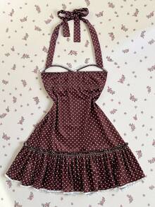 Elamini Women's Brown Polka Dot Summer Strapless Tie-Up Splice Ruffle Hem Sexy Sweet Retro Vacation Style Mini Dress - Brown - View 2