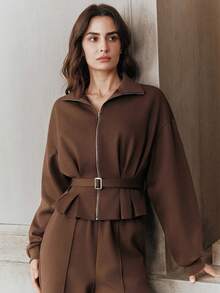 Anewsta 女士优雅上衣，都市时尚简约长袖可调节收腰卫衣 - 咖啡棕 - 查看 3