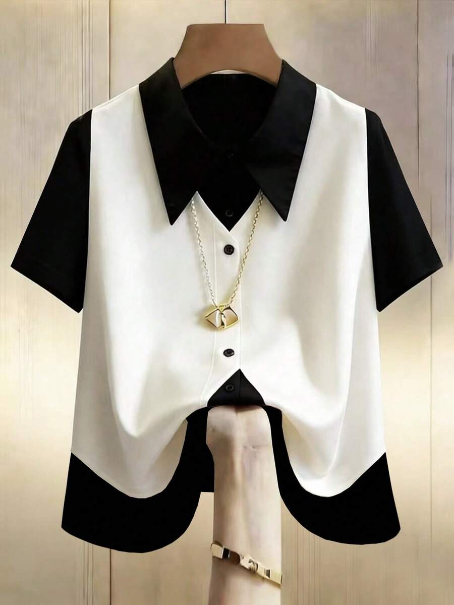 Franclia Women's Elegant Sexy Contrast Color 2 In 1 Short Sleeve Shirt, Summer Teachers' Day Golf White - Black and White - View 1