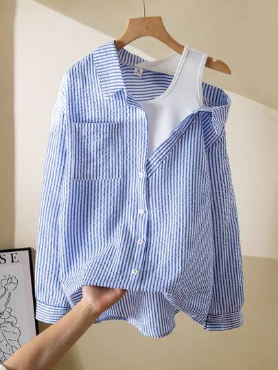 1 st. långärmad skjorta med krage och sneda axlar för tonårsflickor, 2-i-1 vertikalt randig, lämplig för både fritids- och arbetskläder, vår/sommar