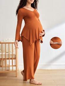 Moonlight&Mama Áo thun dài tay ôm dáng kiểu Y2K tay bồng xếp ly viền bèo dành cho bà bầu. - màu nâu - Xem 1