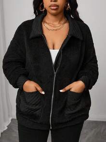 Truni Talla grande Abrigo teddy con doble bolsillo de hombros caídos cremallera - Negro - Ver 7