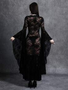 Glisette Women's Y2K Gothic Lace V-Neck Flare Sleeve Elegant Dress Party Night Out Black Floral Autumn - Black - View 2