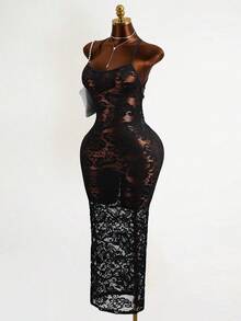 Mistrie Vestido largo de encaje floral negro - Tirantes delgados - Vestido largo transparente y sexy - Negro - Ver 3