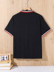 SHEIN 青少年男孩休閒條紋拼接針織寬鬆 Polo 衫 - 彩色 - 查看 4
