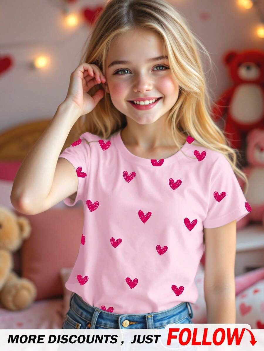 Áo thun ngắn tay cổ tròn, kiểu dáng tối giản, in hình trái tim nhiều màu sắc dễ thương được vẽ tay, thích hợp cho bé gái tuổi teen. - Nhiều màu - Xem 1
