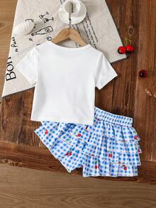 SHEIN LMoss Kids 女童樱桃蝴蝶结印花短袖T恤和格子印花多层裙套装 - 藍色 - 查看 7