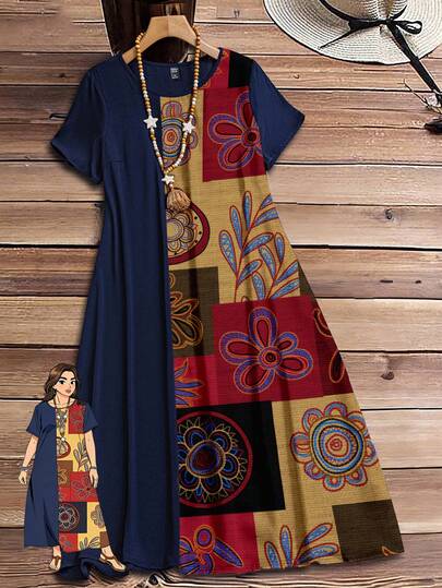 Rusticease Vestido largo de verano de estilo vacacional/primavera para mujer de talla grande, con estampado floral, ajuste holgado, manga corta y cuello redondo