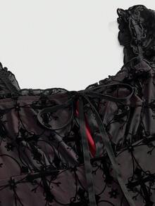 ROMWE Goth 女士浪漫复古宫廷哥特式植绒撞色花瓣袖迷你连衣裙 - 黑色 - 查看 3