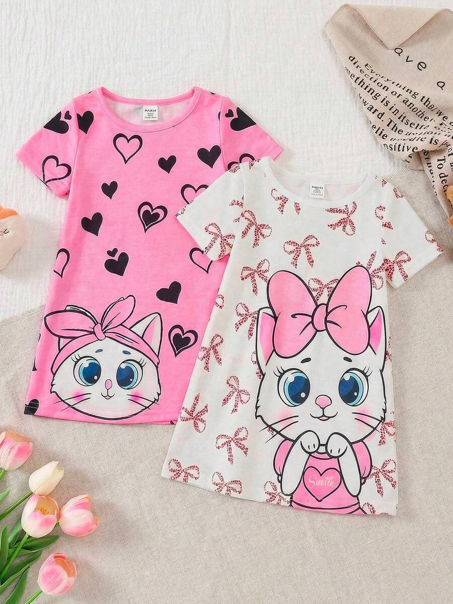 SHEIN 2pcs Baby Girl Knitted Cute Animal Pattern Round Neck Casual Dress & Loungewear Set - Multicolor - View 1