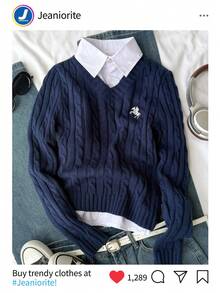 SHEIN 1 件女式经典粗针织套头衫，V 领修身长袖常规厚度针织上衣，带有黑色骏马刺绣装饰，舒适百搭，适合春秋季节，休闲日常穿着 - 藏蓝色 - 查看 8