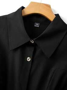 GlowEve CURVE Plus Size Women's Solid Color Lapel Button Casual Versatile Commuter Shirt - Black - View 5