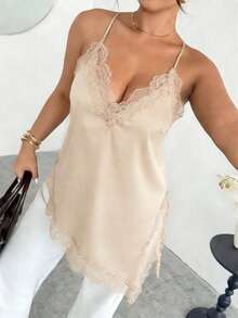Firerie Plus Size Women Solid Color Lace Patchwork Asymmetrical Hem Fashionable Versatile Date Night Camisole Top, Summer Tops - Apricot - View 7
