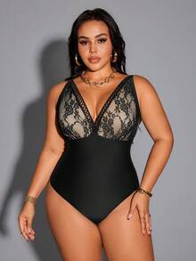 Shapewave 2026 New Summer Beach Lace & Mesh Patchwork Adjustable Drawstring Plus Size One-Piece Swimsuit - Black - View 6