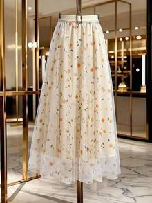 GlowEve 女士网纱碎花腰部收褶A字裙，魅力优雅，适合度假、日常穿着、通勤、约会、法式街头风、复古百搭风、春夏新款杏色长裙 - 彩色 - 查看 3