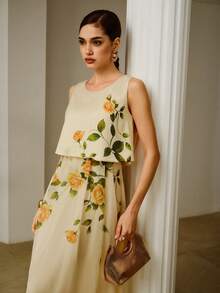 ZEYLAH Vestido de longitud media sin mangas con estampado floral de patchwork - Albaricoque - Ver 5