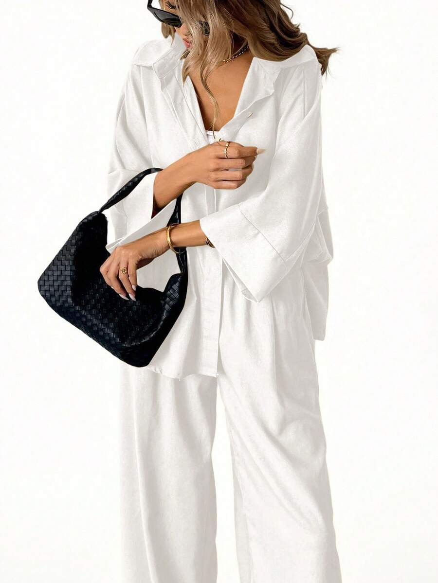 Aveloria Modichic 2件套 女士混纺侧开衩宽松衬衫和高腰阔腿裤 优雅商务休闲女装 - 白色 - 查看 1