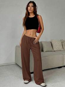 CovetEZ Quần dài nữ màu nâu dệt kim mềm mại, kiểu dáng thường ngày, thích hợp cho mùa xuân/hè. - màu nâu - Xem 5