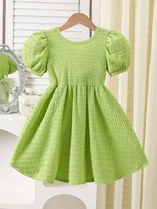 Elladie kids 女童绿色纹理面料花瓣袖连衣裙，后背蝴蝶结装饰，收腰设计，可爱百搭，适合休闲、度假等场合，面料舒适宽松，2026夏季新款女童连衣裙 - 綠色 - 查看 4