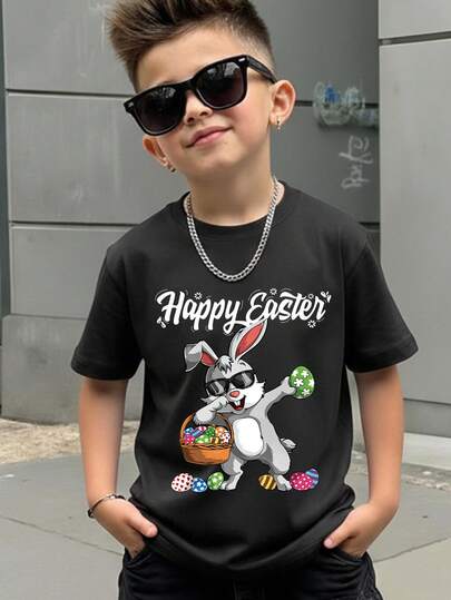 Young Boys Happy Easter Rabbit & Egg Print Casual Crew Neck Black T-Shirt, Soft Daily Casual Shirt Suitable For Young And Children (Easy Care Parents Love), Lively Children's Clothing, Vibrant Print T-Shirt, Comfortable Knit Fabric, Kids Graphic Short Sleeve Tee