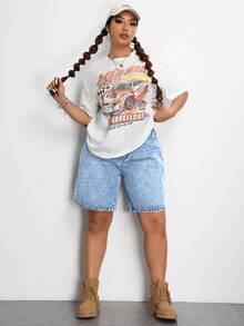 SHEIN EZwear Quần short denim thường ngày màu trơn cỡ lớn có túi, mùa hè - Rửa nhẹ - Xem 3