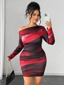 Elenzga Plus Size Women's Red Tie Dye Abstract Print One Shoulder Long Sleeve Bodycon Mini Dress,Dark Purple,Autumn,Classy,Night Out Club Ruched Elegant - Red - View 4