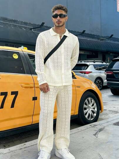 Manfinity Dauomo Casual Solid Color Hollow Out T-Shirt And Pants Men's Set