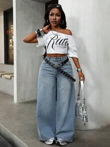 Livesso Women's Casual Loose Straight Leg Jeans, Distressed Design, Vacation Style, Suitable For Spring, Summer, Valentine's Day - Blue - View 2