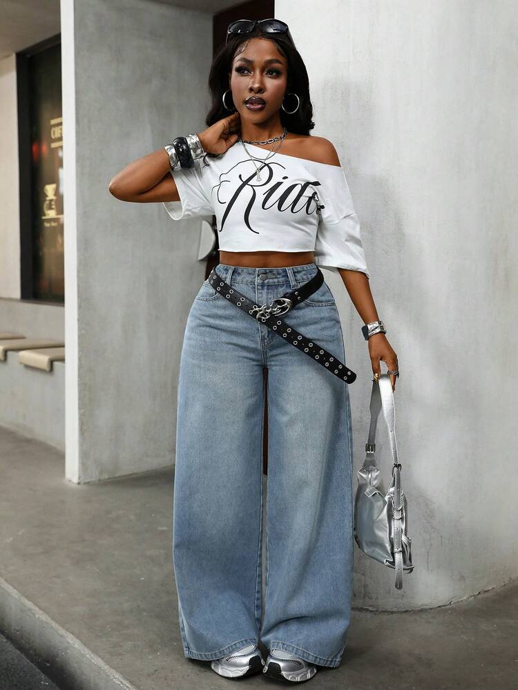 Women's Casual Loose Straight Leg Jeans, Distressed Design, Vacation Style, Suitable For Spring, Summer, Valentine's Day